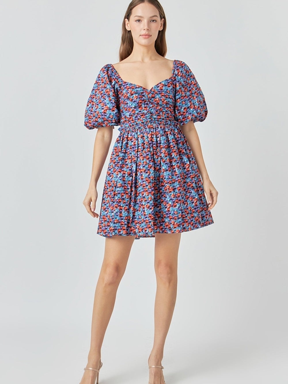 Endless Rose Blue Floral Puff-Sleeve Mini Dress